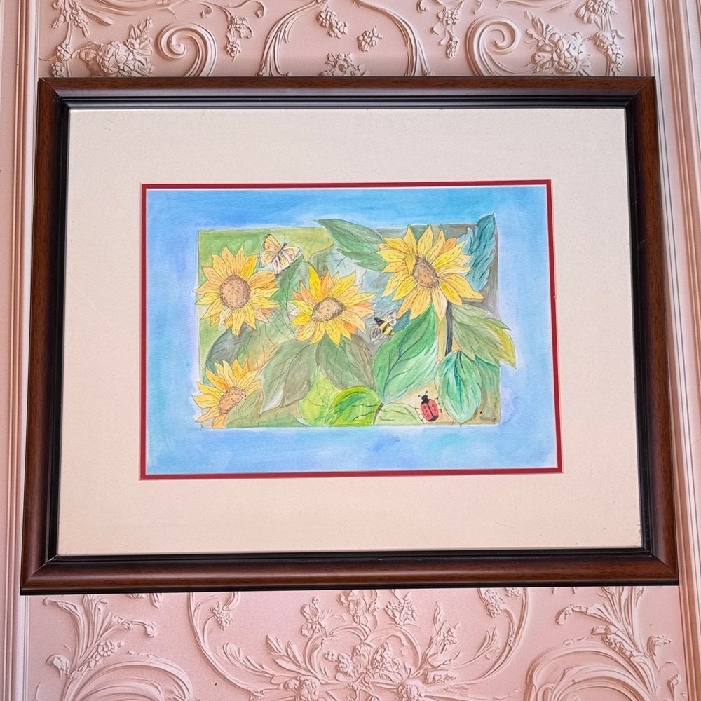 Original Sunflower Watercolor in Wooden Frame possibly by Bonnie Mattick